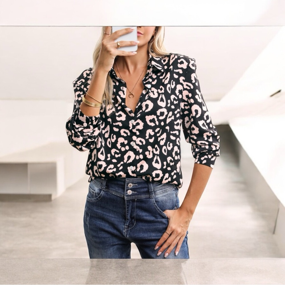 NWT Black Leopard Print Button Up Shirt